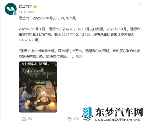 理想汽车迎双重挑战：MEGA召回114万辆 10月交付跌38%-2