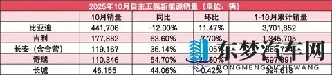 自主5强10月销量：吉利破30万，长城涨超20%，比亚迪第一但下滑-1
