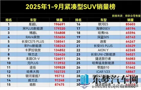 变天了，1-9月紧凑型SUV销量榜，星越L夺冠，CR-V第9，H6第18名。-3