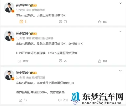 鸿蒙智行、小鹏和零跑上周新增订单一览：三家均破万-1