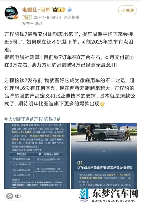 方程豹钛7太火了，订单超8万辆未交付，交付时间最长要等一个多月-2