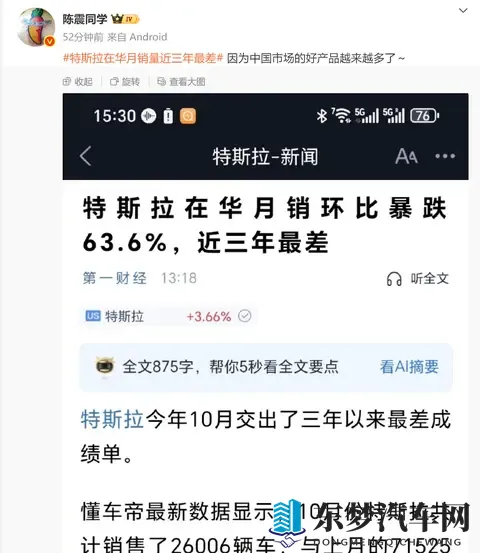 特斯拉10月大跌?主要这几个原因，陈震发言：中国市场好产品太多-1