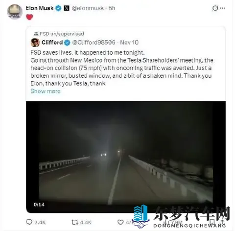 特斯拉Cybertruck车主感谢马斯克：FSD救了我一命！避免与迎面而来时速75英里车辆正面碰撞，只有镜子碎了，窗户碎了
