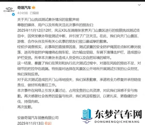 奇瑞天门山溜车撞护栏！营销别赌安全-1